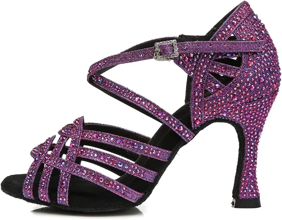 DKZSYIM Women 's Satin Latin Dance Shoes Rhinestone Ballroom Salsa Performance Practice Dancing Shoes,Model YCL356