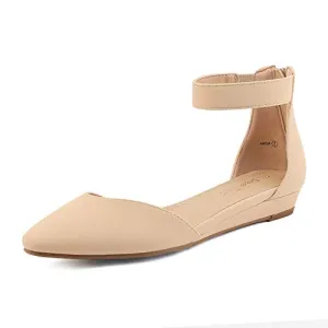 DREAM PAIRS Women's Nude Nubuck Low Wedge Ankle Strap Flats Shoes Size 10 M US Amiga