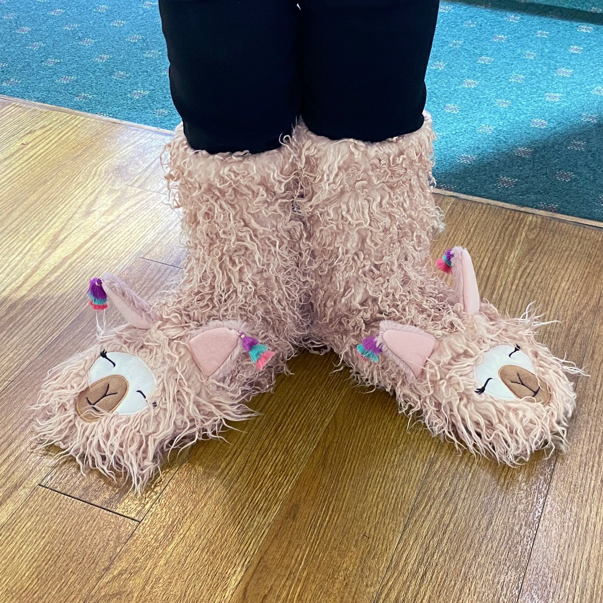 Fuzzy, Cozy, Warm Llama Slippers - Blush Pink Plush Sherpa Slipper Socks (Adult)