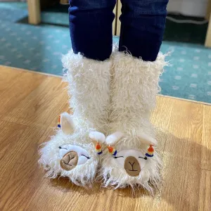 Fuzzy, Cozy, Warm Llama Slippers - White Plush Sherpa Slipper Socks (Adult)
