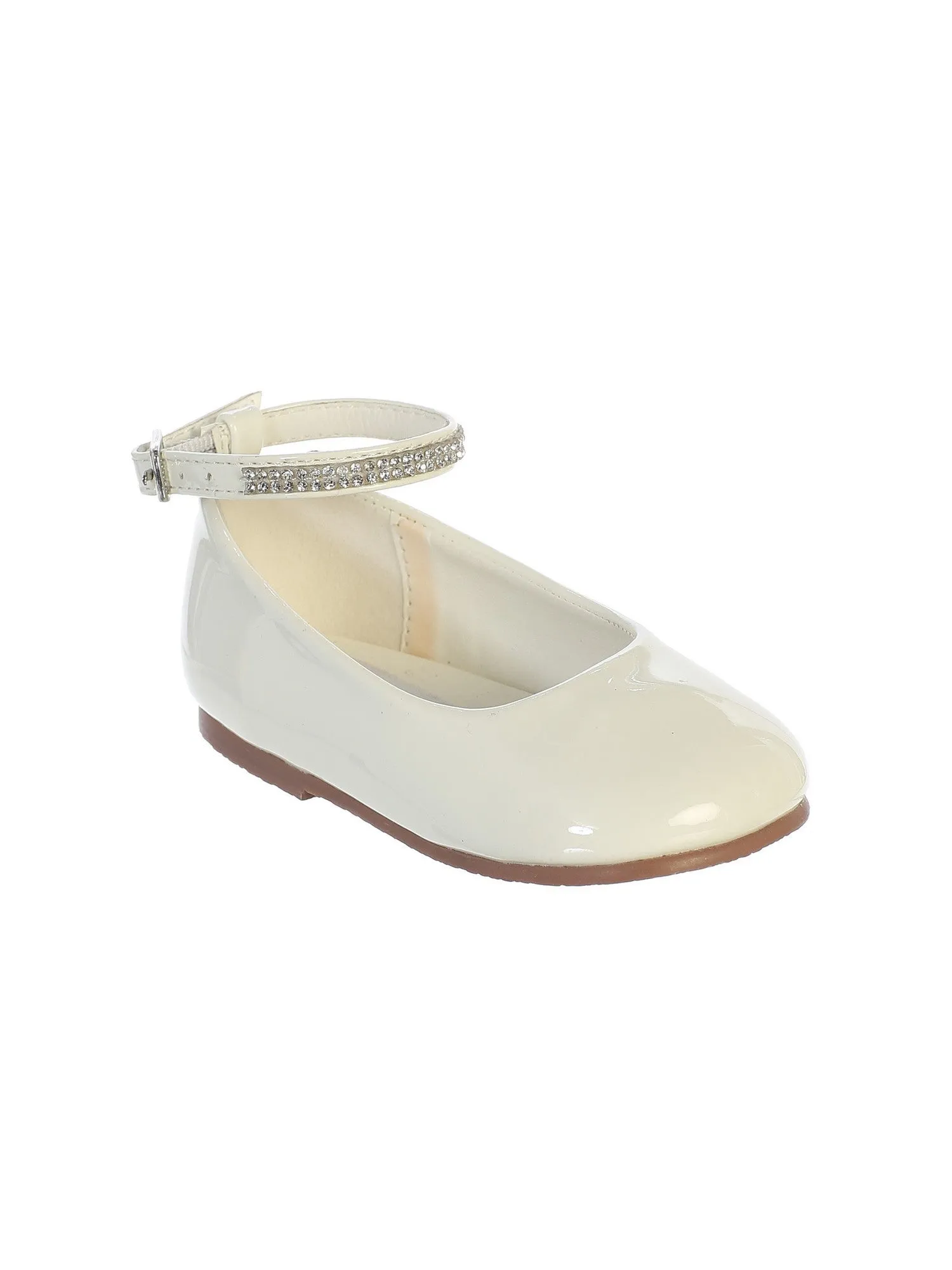 Girls Ivory Patent Rhinestone Encrusted Ankle Strap Flats 5 Kids