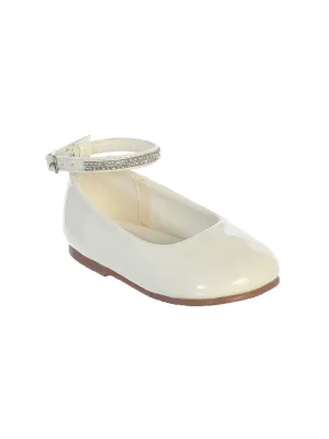 Girls Ivory Patent Rhinestone Encrusted Ankle Strap Flats 5 Kids