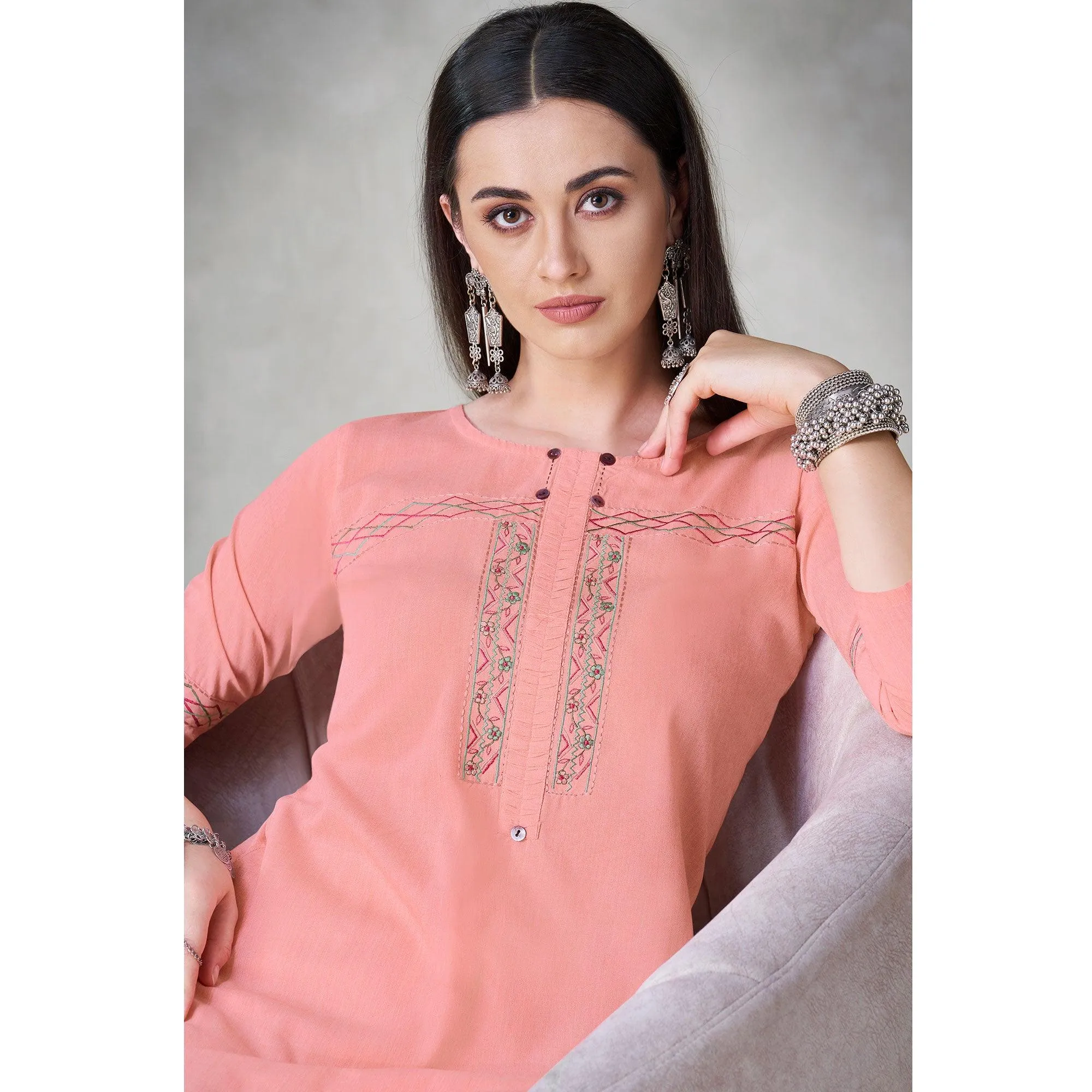 Glorious Peach Colored Partywear Embroidered Viscose Kurti