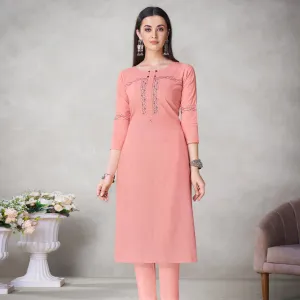 Glorious Peach Colored Partywear Embroidered Viscose Kurti