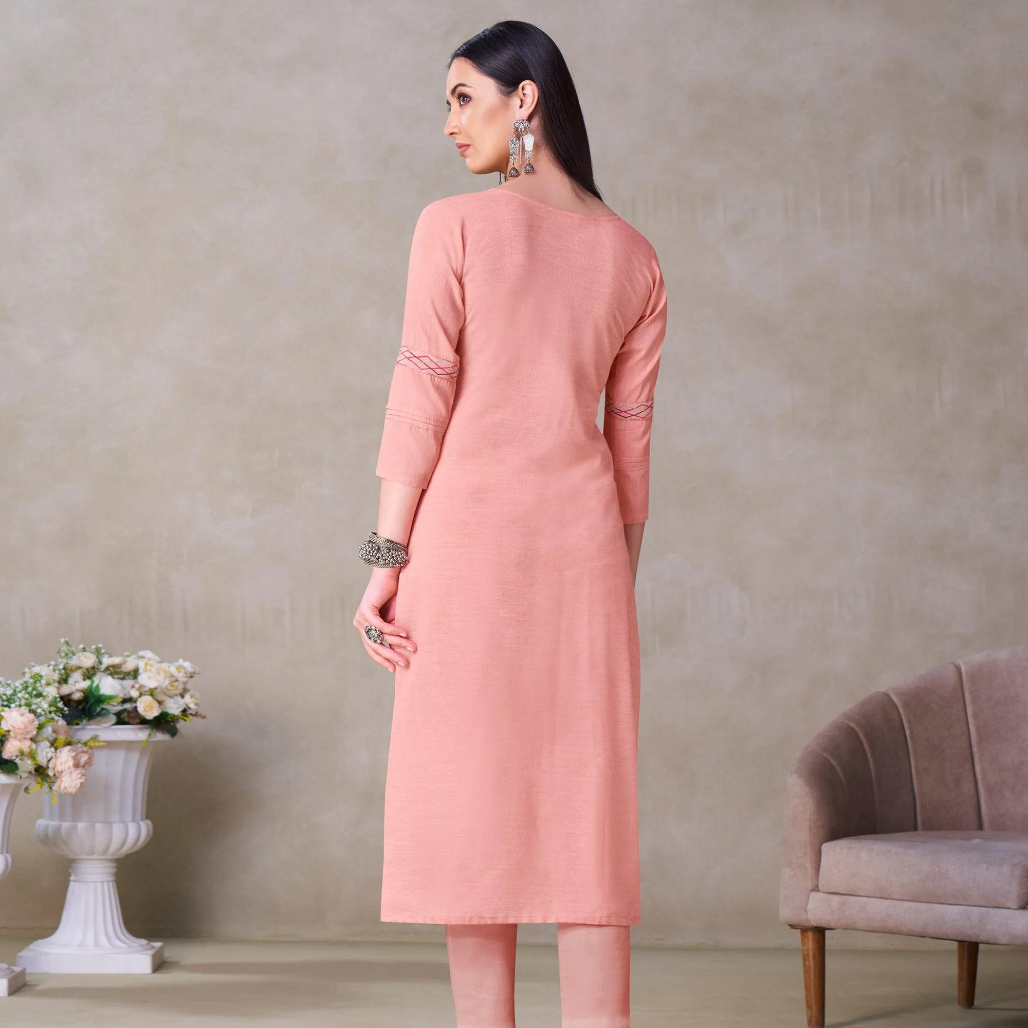 Glorious Peach Colored Partywear Embroidered Viscose Kurti