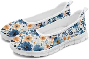 GOSTONG Women's Flowers Print Flats Mesh Shoes Slip On Round Toe Casual Loafers Lightweight Comfort Walking Travel Shoes White Sole Size 6-11