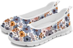 GOSTONG Women's Flowers Print Flats Mesh Shoes Slip On Round Toe Casual Loafers Lightweight Comfort Walking Travel Shoes White Sole Size 6-11