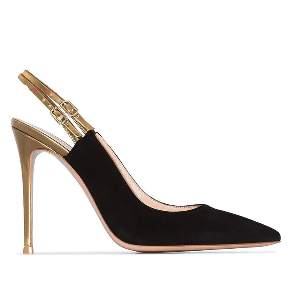 High-end Black-Gold Pointed Toe Suede  High Heels