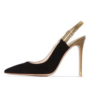 High-end Black-Gold Pointed Toe Suede  High Heels