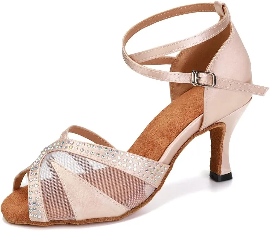 HIPPOSEUS Women's Rhinestones Latin Dance Shoes Satin Ballroom Salsa Net Yarn Dancing Shoes