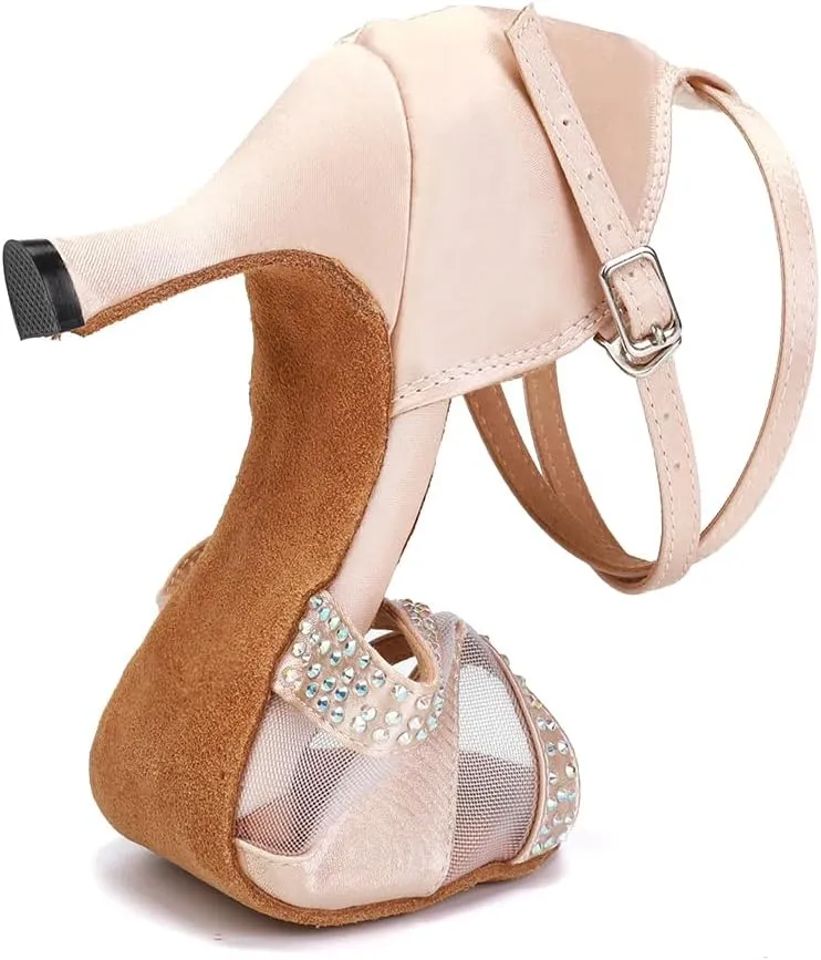 HIPPOSEUS Women's Rhinestones Latin Dance Shoes Satin Ballroom Salsa Net Yarn Dancing Shoes