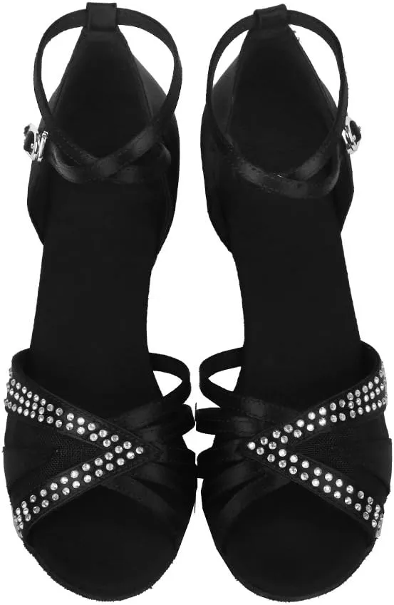 HIPPOSEUS Women's Rhinestones Latin Dance Shoes Satin Ballroom Salsa Net Yarn Dancing Shoes