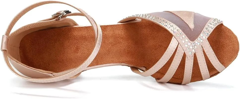 HIPPOSEUS Women's Rhinestones Latin Dance Shoes Satin Ballroom Salsa Net Yarn Dancing Shoes