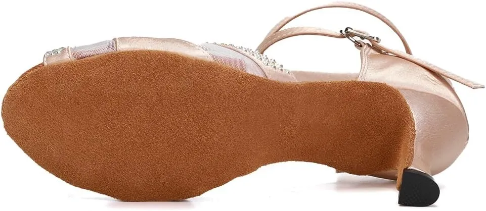 HIPPOSEUS Women's Rhinestones Latin Dance Shoes Satin Ballroom Salsa Net Yarn Dancing Shoes