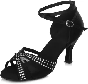 HIPPOSEUS Women's Rhinestones Latin Dance Shoes Satin Ballroom Salsa Net Yarn Dancing Shoes