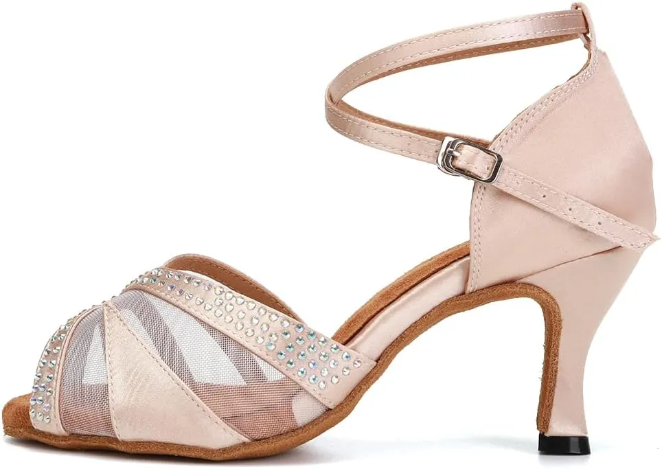 HIPPOSEUS Women's Rhinestones Latin Dance Shoes Satin Ballroom Salsa Net Yarn Dancing Shoes