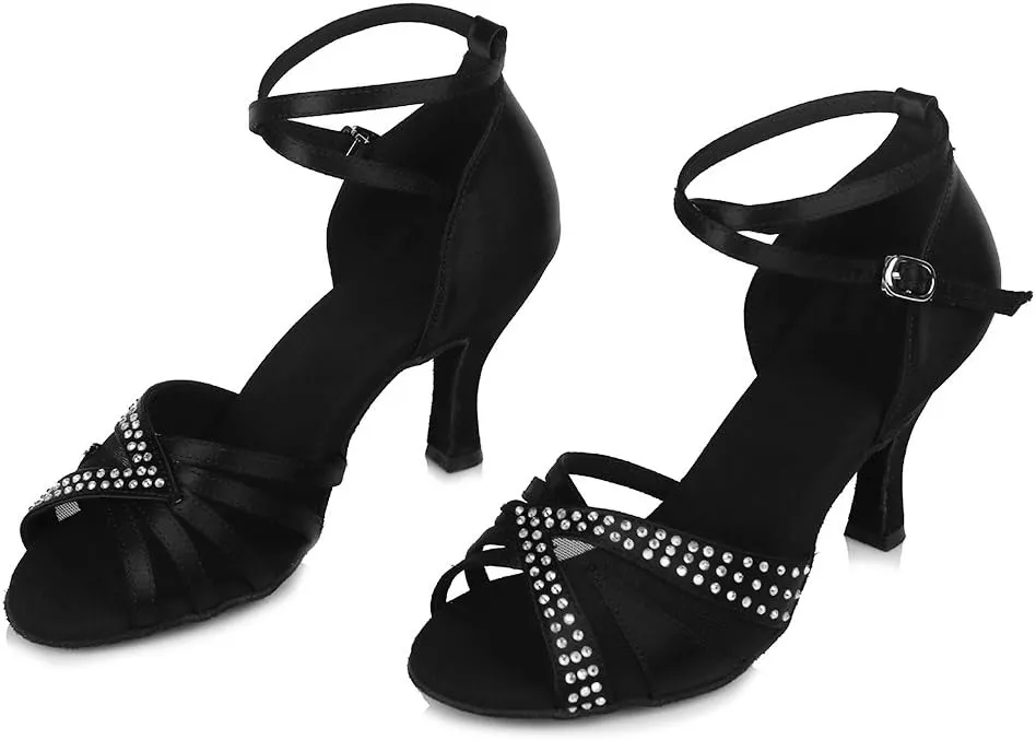 HIPPOSEUS Women's Rhinestones Latin Dance Shoes Satin Ballroom Salsa Net Yarn Dancing Shoes