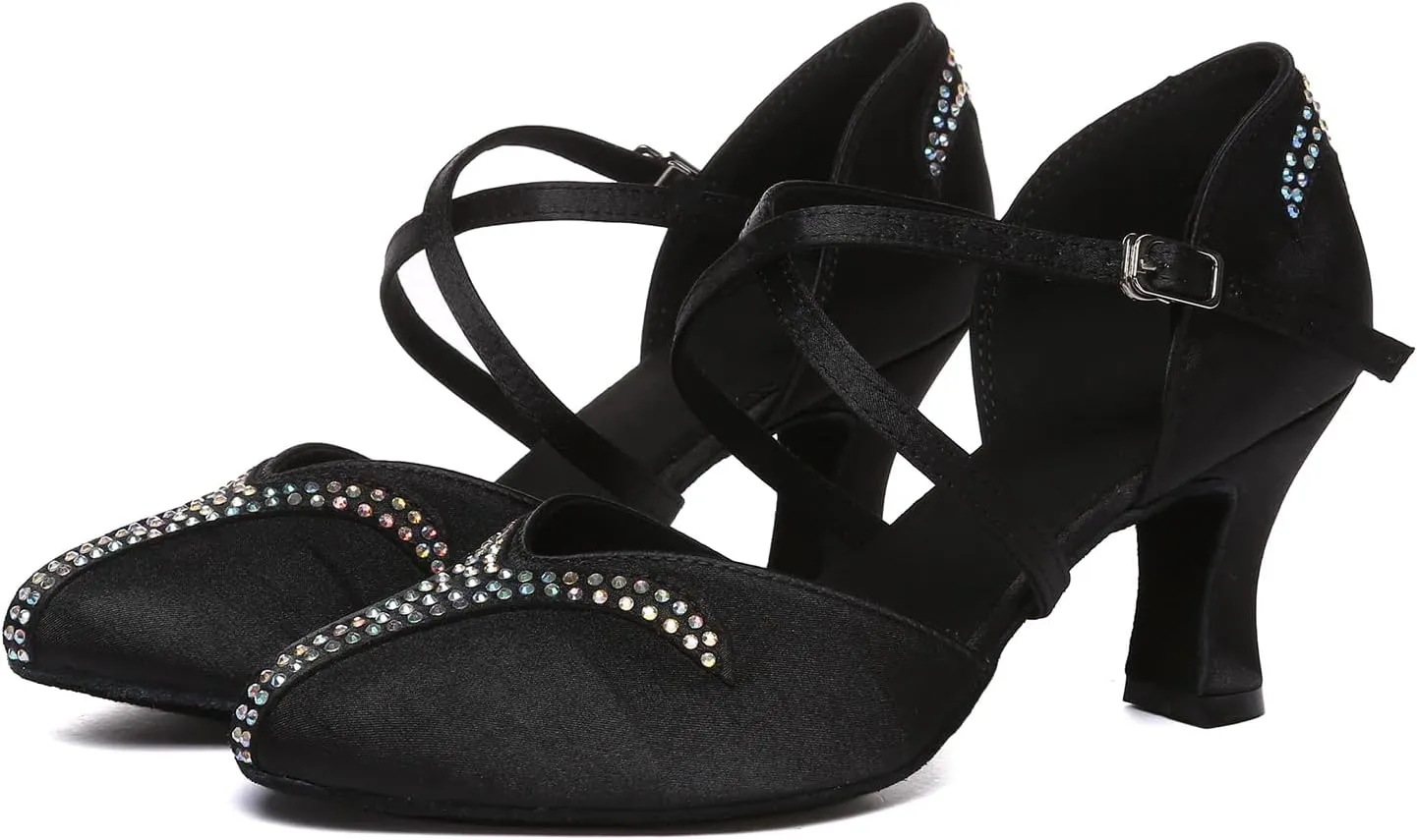 HROYL Women Rhinestone Latin Dance Shoes Professional Practice Performance Ballroom Salsa Dancing Shoes