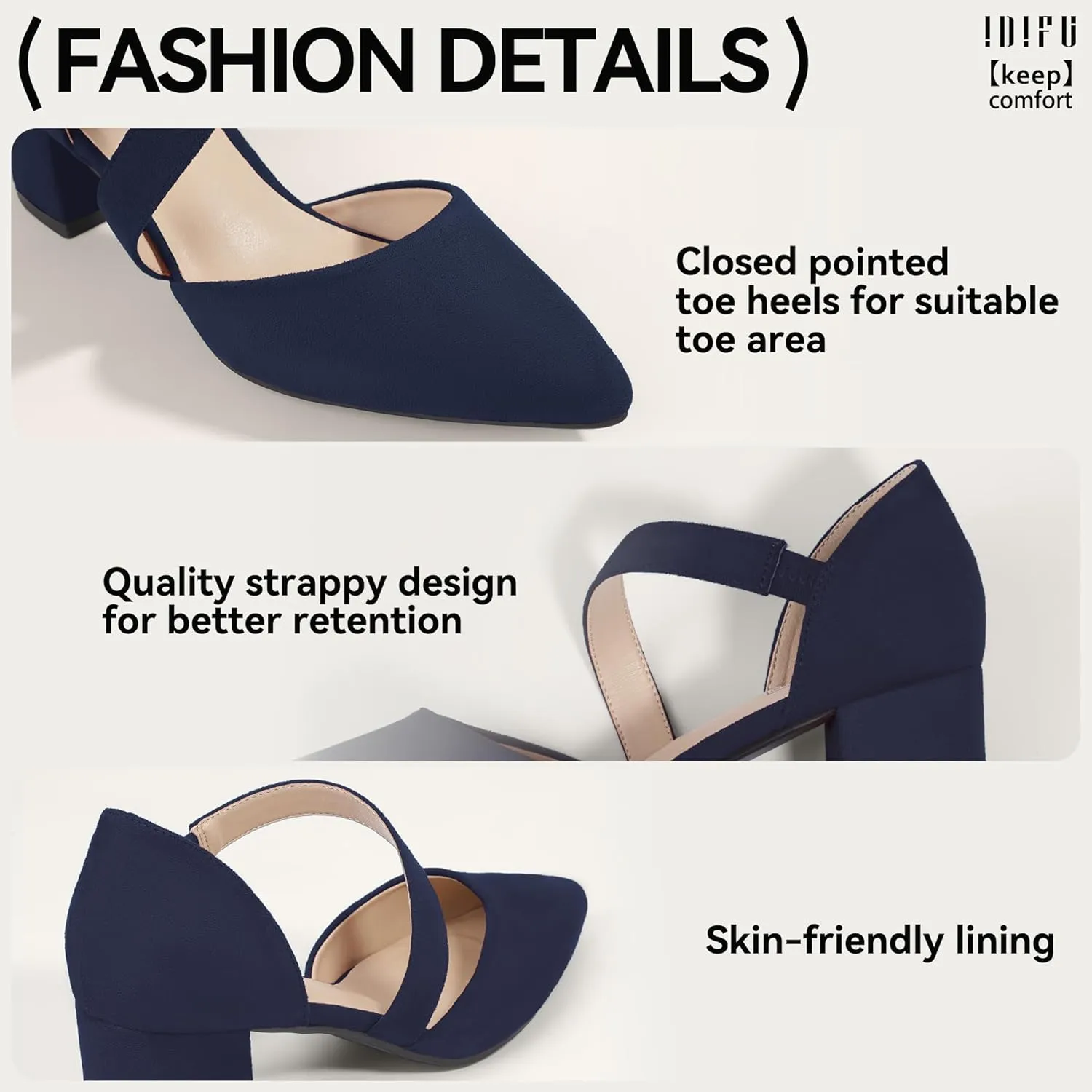 IDIFU IN2 Women's Pumps Closed Toe Strappy Heels Low Block Chunky Heels Dressy Wedding Bride Bridesmaid Prom Graduation Business Dress Shoes for Women Comfortable Formal Pointed Toe Short Small Heels
