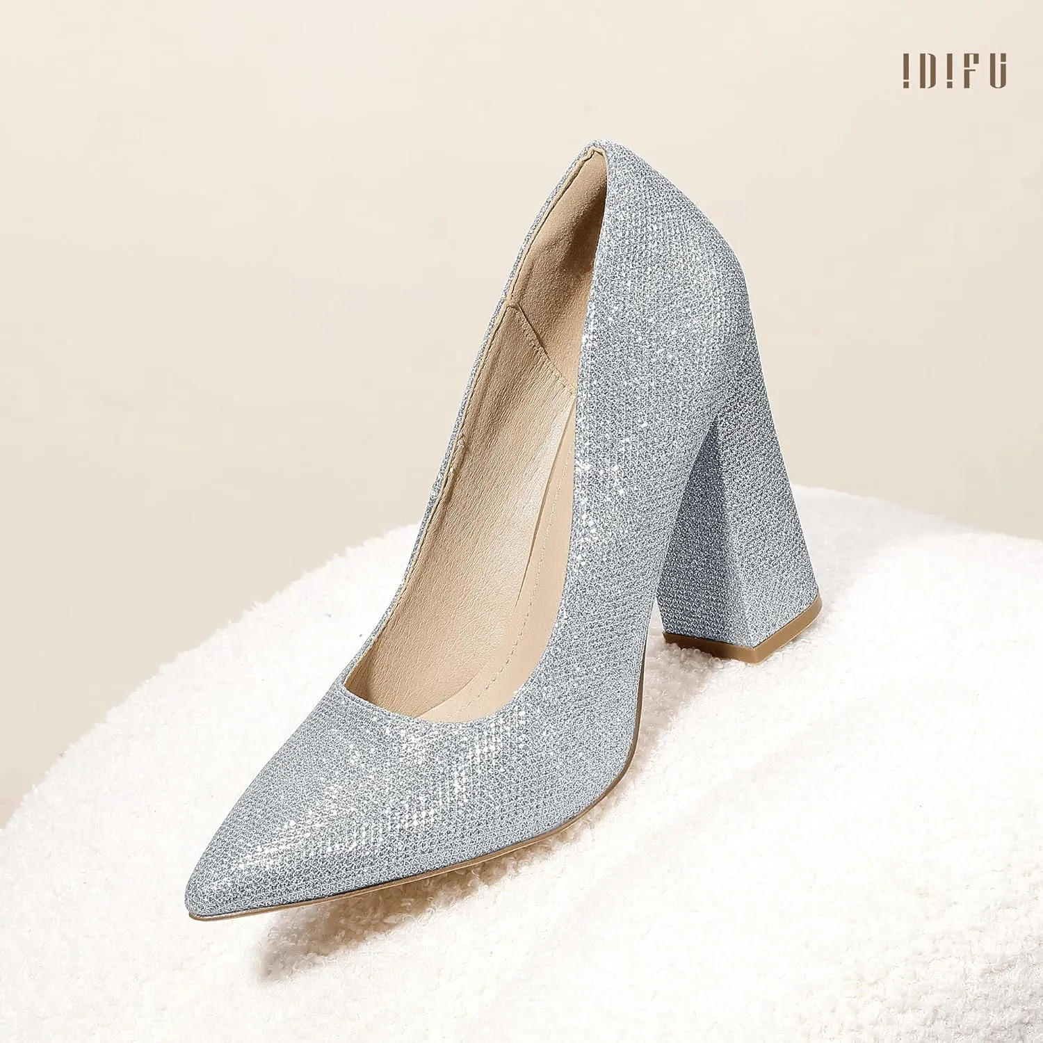 IDIFU IN4 Women's Pumps - Closed Toe Heels with Chunky Block Heels - Thick Pointed Toe Dress Shoes for Women - Wedding, Prom, Bridal, Office, Business - Comfortable, Formal, Fashion, Classic Pumps