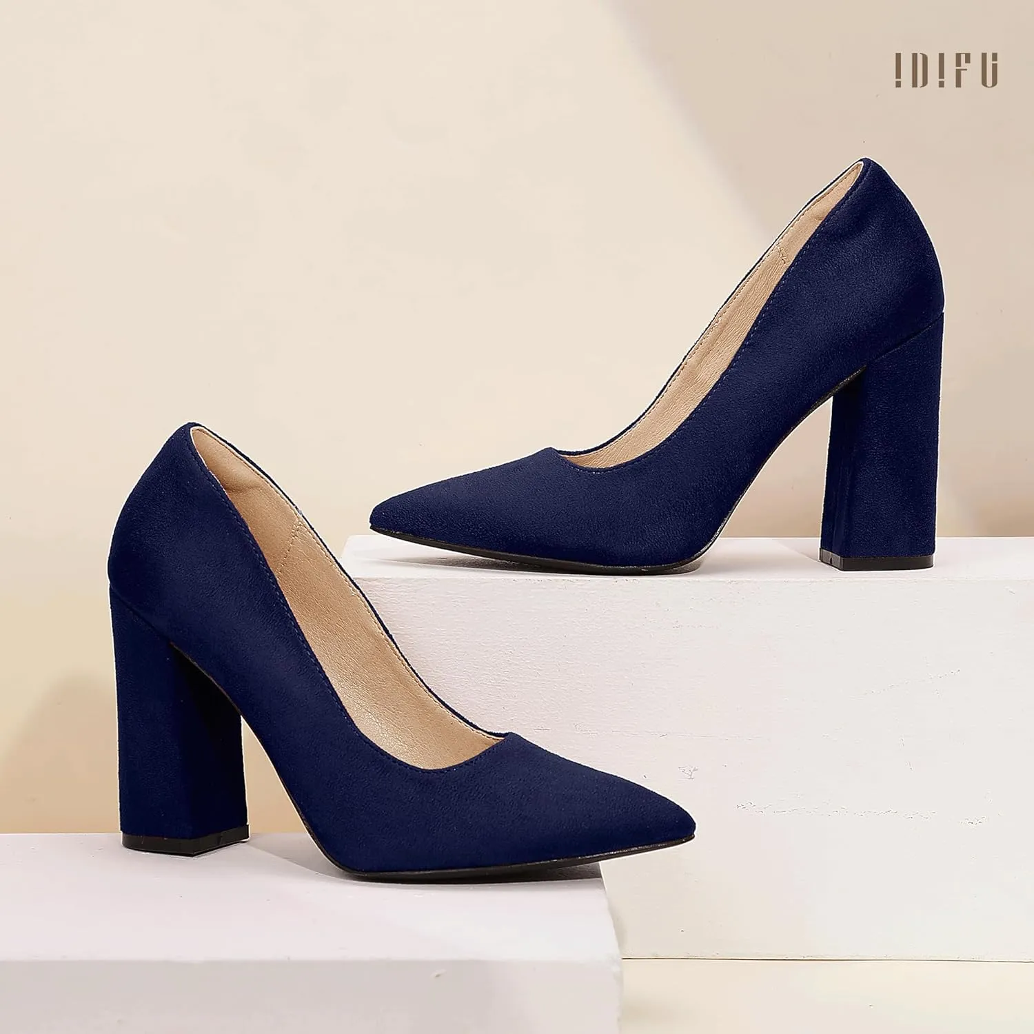IDIFU IN4 Women's Pumps - Closed Toe Heels with Chunky Block Heels - Thick Pointed Toe Dress Shoes for Women - Wedding, Prom, Bridal, Office, Business - Comfortable, Formal, Fashion, Classic Pumps