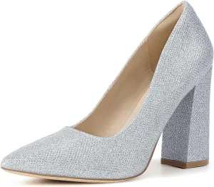 IDIFU IN4 Women's Pumps - Closed Toe Heels with Chunky Block Heels - Thick Pointed Toe Dress Shoes for Women - Wedding, Prom, Bridal, Office, Business - Comfortable, Formal, Fashion, Classic Pumps