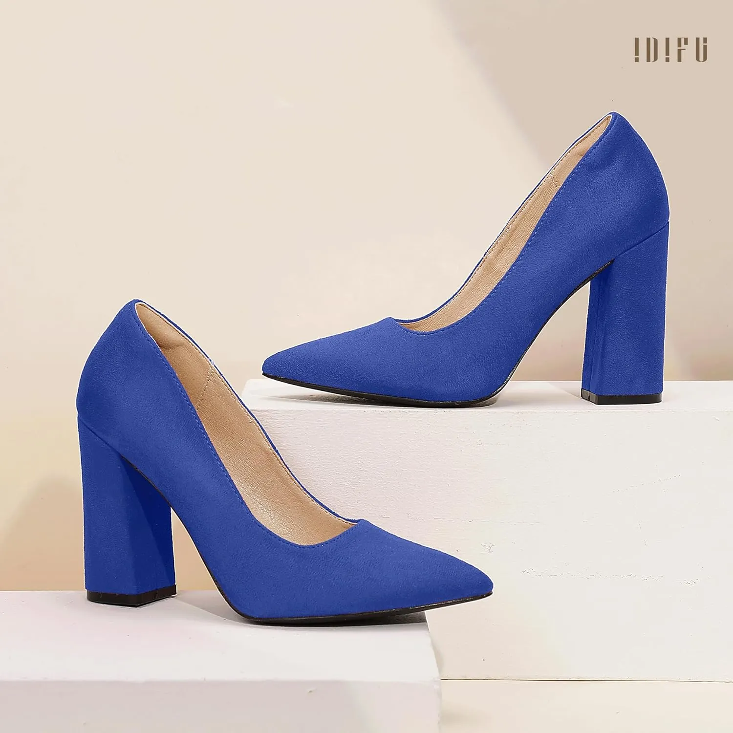 IDIFU IN4 Women's Pumps - Closed Toe Heels with Chunky Block Heels - Thick Pointed Toe Dress Shoes for Women - Wedding, Prom, Bridal, Office, Business - Comfortable, Formal, Fashion, Classic Pumps