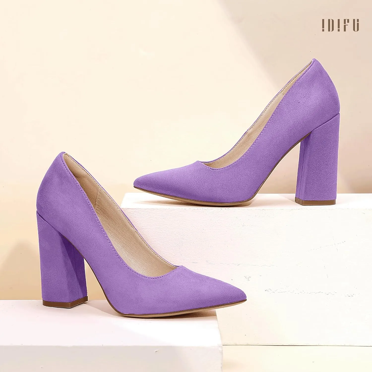 IDIFU IN4 Women's Pumps - Closed Toe Heels with Chunky Block Heels - Thick Pointed Toe Dress Shoes for Women - Wedding, Prom, Bridal, Office, Business - Comfortable, Formal, Fashion, Classic Pumps