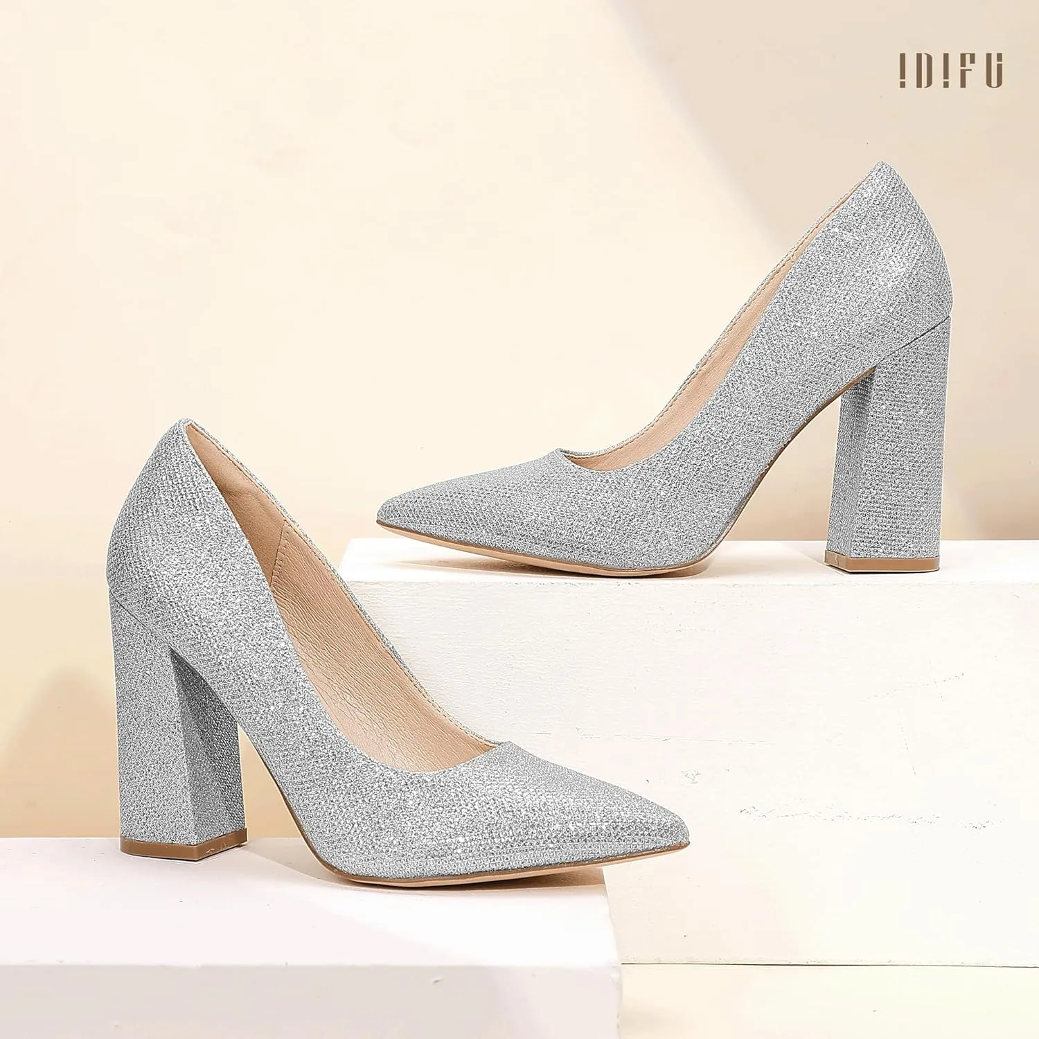 IDIFU IN4 Women's Pumps - Closed Toe Heels with Chunky Block Heels - Thick Pointed Toe Dress Shoes for Women - Wedding, Prom, Bridal, Office, Business - Comfortable, Formal, Fashion, Classic Pumps