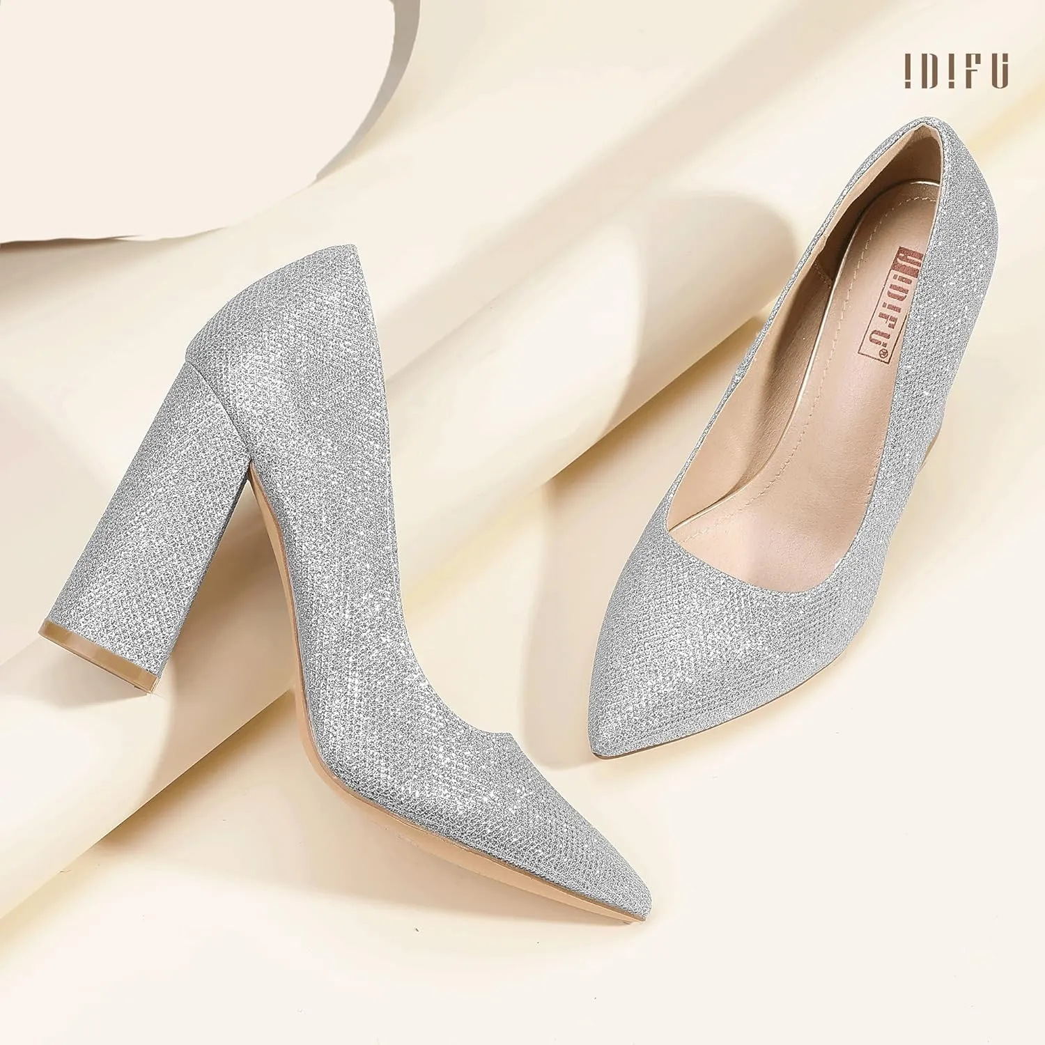 IDIFU IN4 Women's Pumps - Closed Toe Heels with Chunky Block Heels - Thick Pointed Toe Dress Shoes for Women - Wedding, Prom, Bridal, Office, Business - Comfortable, Formal, Fashion, Classic Pumps