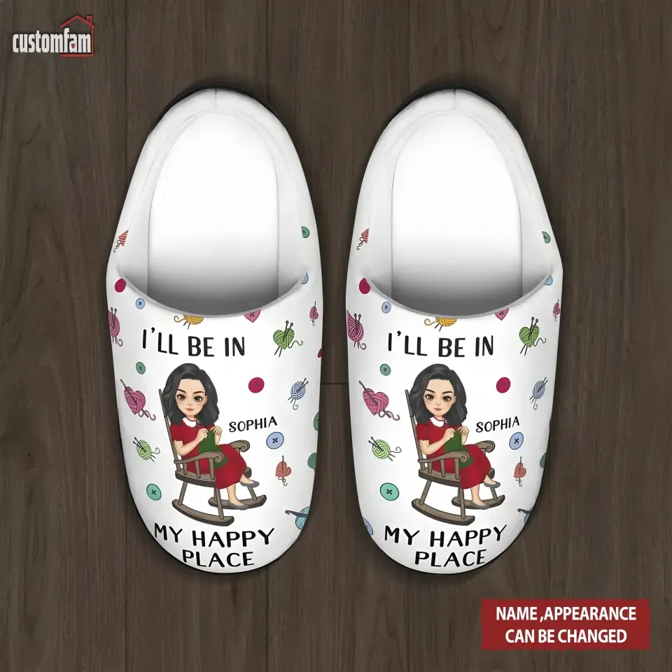 I'll Be In My Happy Place Personalized Knitting Fluffy Slippers, Crochet Knitting Lovers Gift