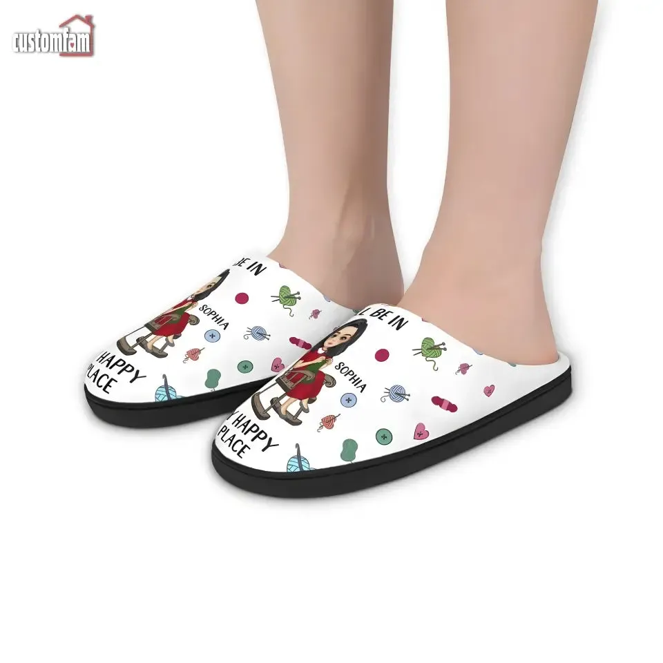 I'll Be In My Happy Place Personalized Knitting Fluffy Slippers, Crochet Knitting Lovers Gift