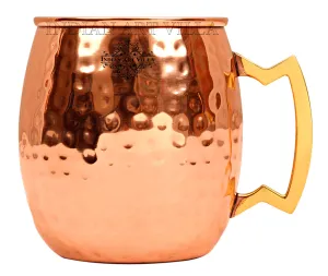Indian Art Villa Steel Copper Hammered Round Shaped Moscow Mule, Beer Mug with Designer Brass Handle, 600ml