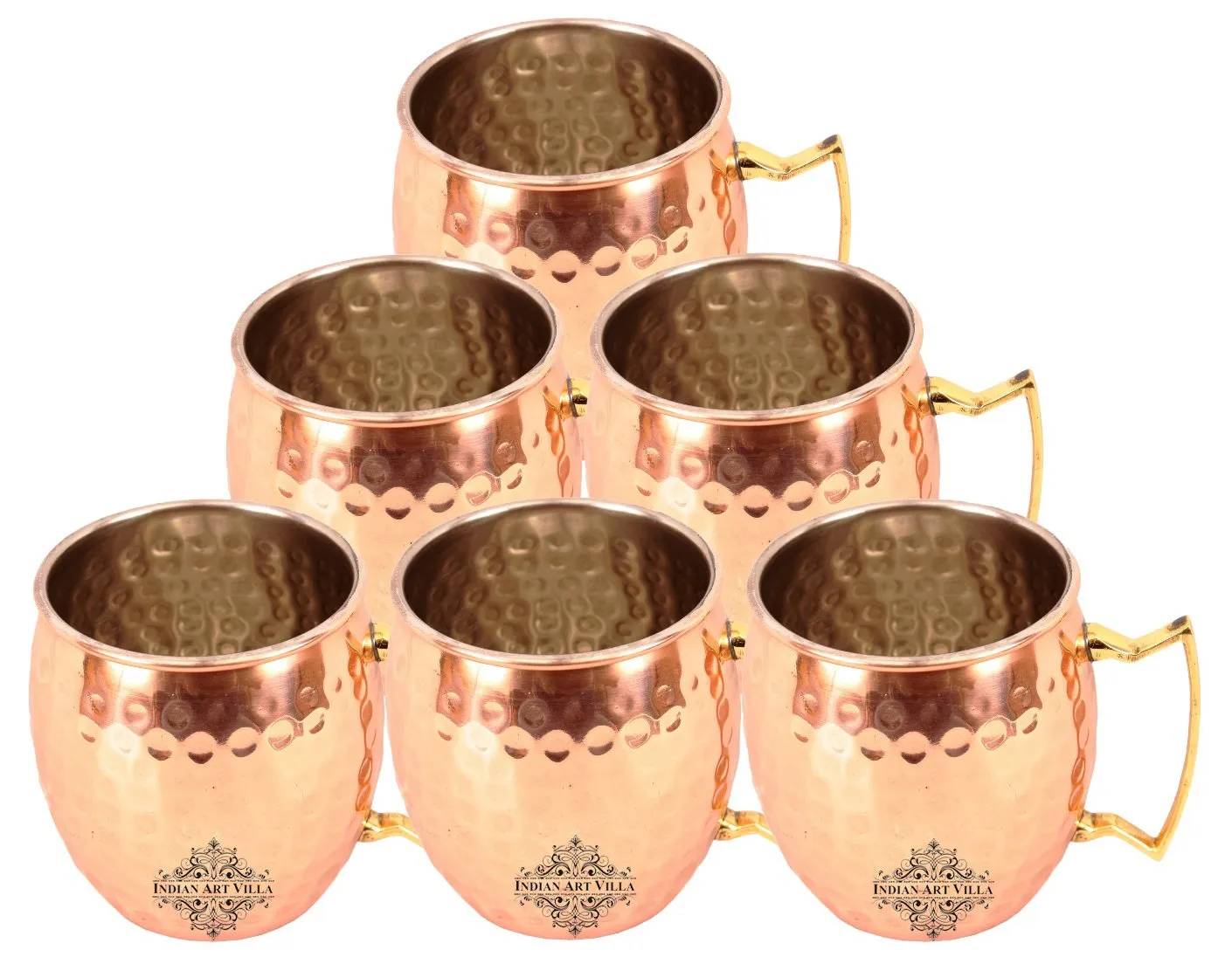 IndianArtVilla Pure Copper Hammered Round Shaped Moscow Mule, Beer Mug with Designer Brass Handle & Tin Lining, Barware, 530 ML