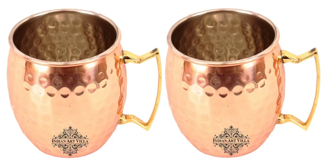 IndianArtVilla Pure Copper Hammered Round Shaped Moscow Mule, Beer Mug with Designer Brass Handle & Tin Lining, Barware, 530 ML