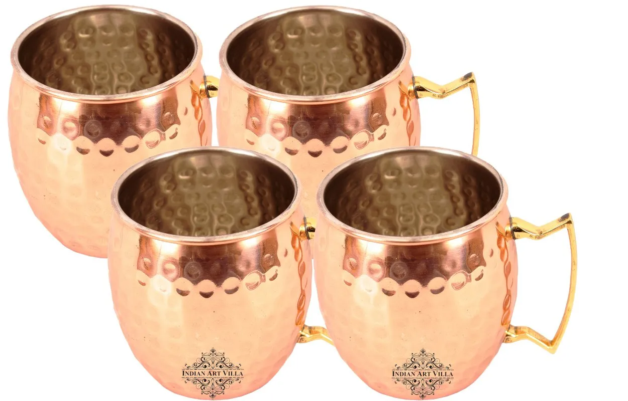 IndianArtVilla Pure Copper Hammered Round Shaped Moscow Mule, Beer Mug with Designer Brass Handle & Tin Lining, Barware, 530 ML