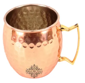 IndianArtVilla Pure Copper Hammered Round Shaped Moscow Mule, Beer Mug with Designer Brass Handle & Tin Lining, Barware, 530 ML