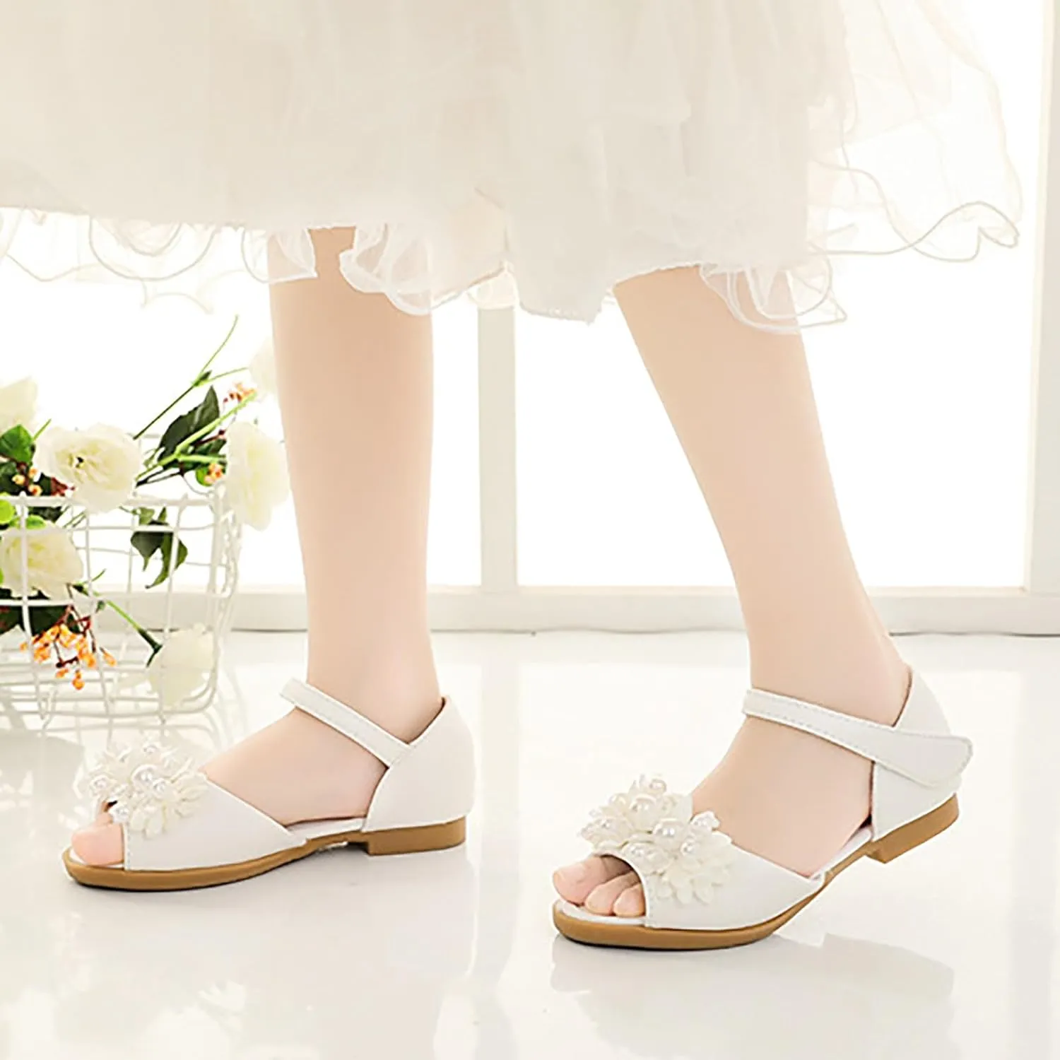 Jazz Shoes for Girls Pearl Flower Leaky Toe Non Slip Sandals Christmas Slippers for Kids