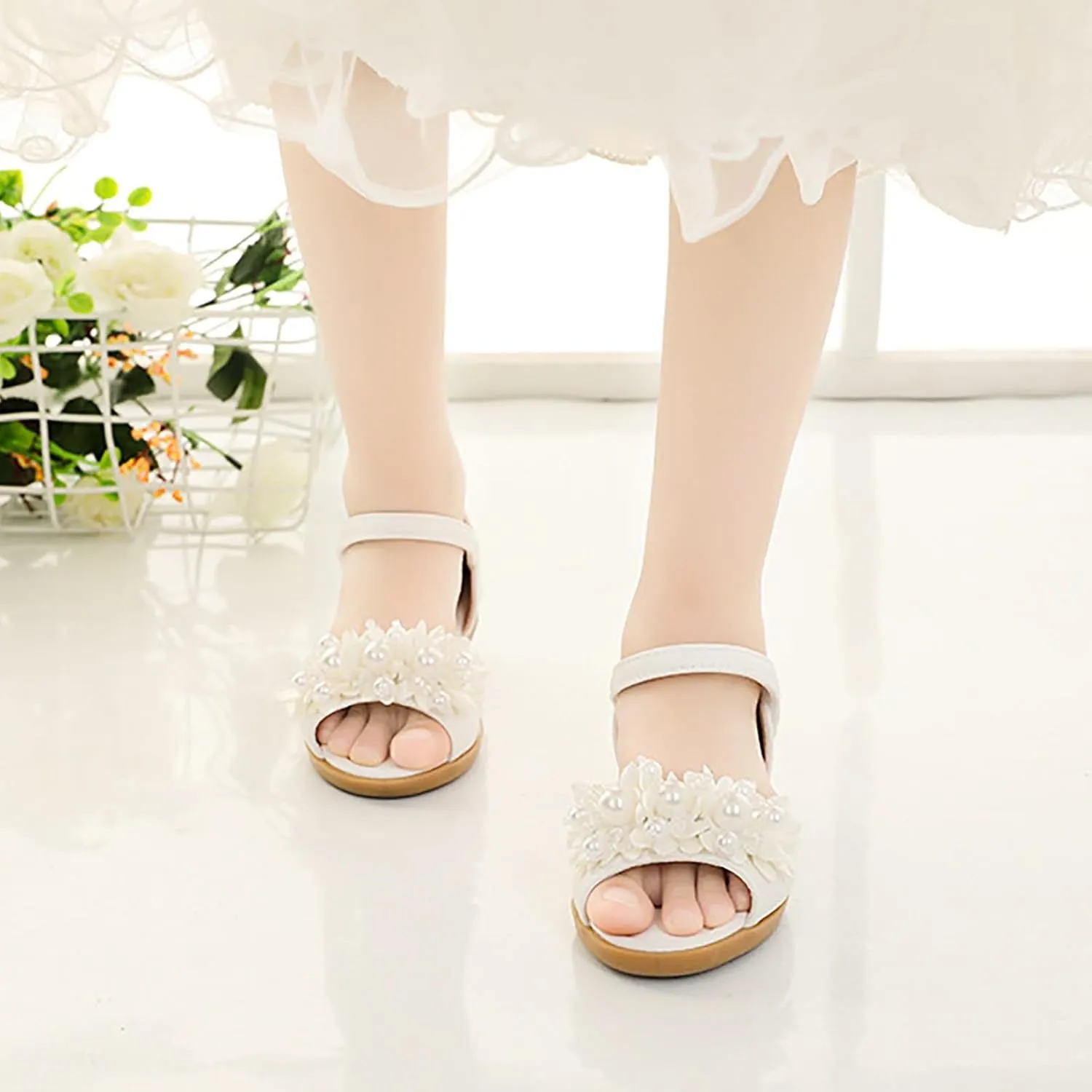 Jazz Shoes for Girls Pearl Flower Leaky Toe Non Slip Sandals Christmas Slippers for Kids
