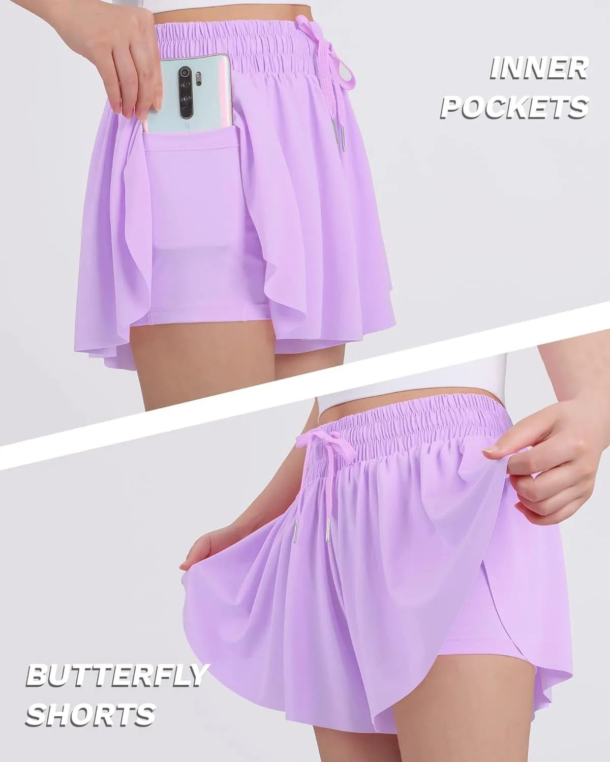 JOCMIC Girls Flowy Shorts, 2 in 1 Preppy Butterfly Shorts with Spandex Liner for Cheer Athletic Gym Teens Casual Clothes