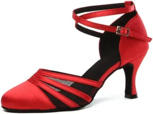 JUODVMP Women's Closed Toe Dance Heels Red Satin Latin Ballroom Dance Shoes for Wedding Party Model YCL189