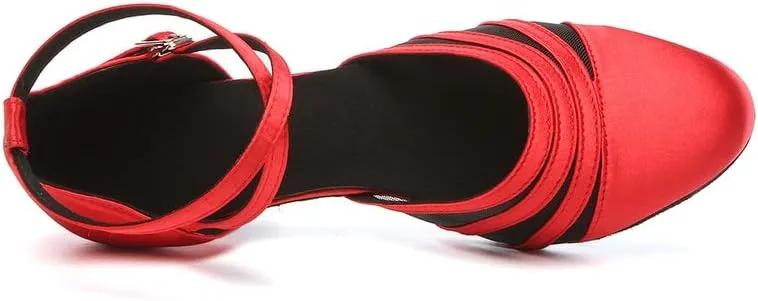 JUODVMP Women's Closed Toe Dance Heels Red Satin Latin Ballroom Dance Shoes for Wedding Party Model YCL189