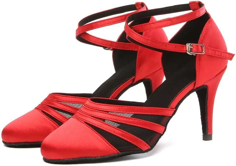 JUODVMP Women's Closed Toe Dance Heels Red Satin Latin Ballroom Dance Shoes for Wedding Party Model YCL189