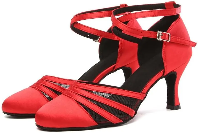 JUODVMP Women's Closed Toe Dance Heels Red Satin Latin Ballroom Dance Shoes for Wedding Party Model YCL189