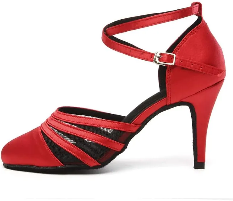 JUODVMP Women's Closed Toe Dance Heels Red Satin Latin Ballroom Dance Shoes for Wedding Party Model YCL189