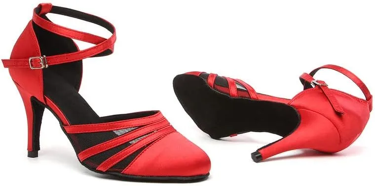 JUODVMP Women's Closed Toe Dance Heels Red Satin Latin Ballroom Dance Shoes for Wedding Party Model YCL189
