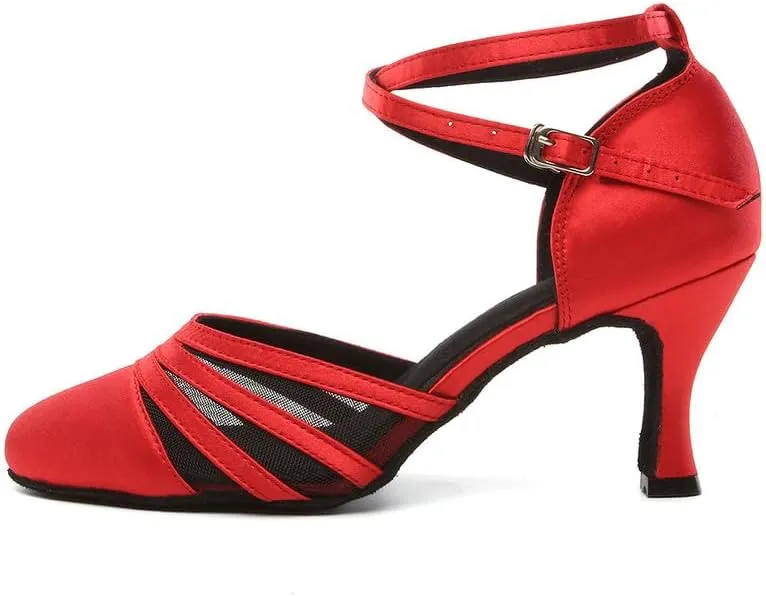 JUODVMP Women's Closed Toe Dance Heels Red Satin Latin Ballroom Dance Shoes for Wedding Party Model YCL189
