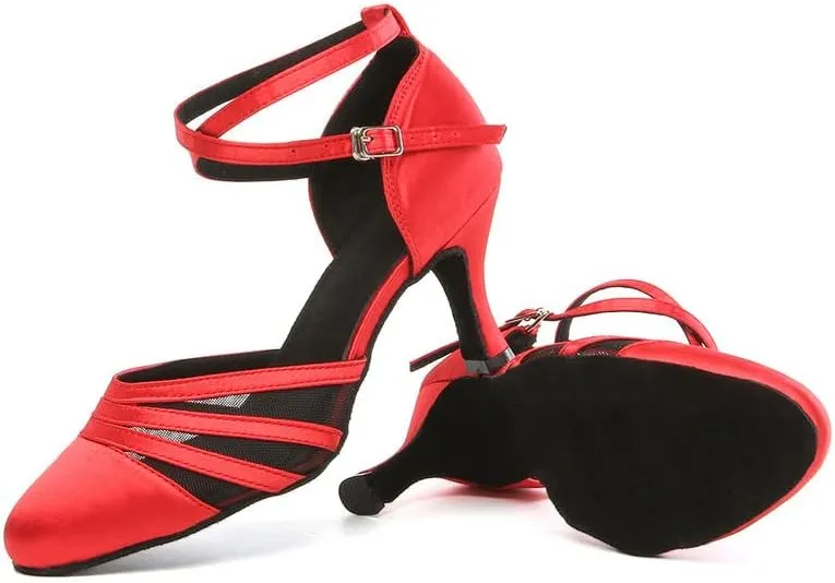 JUODVMP Women's Closed Toe Dance Heels Red Satin Latin Ballroom Dance Shoes for Wedding Party Model YCL189