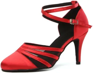 JUODVMP Women's Closed Toe Dance Heels Red Satin Latin Ballroom Dance Shoes for Wedding Party Model YCL189