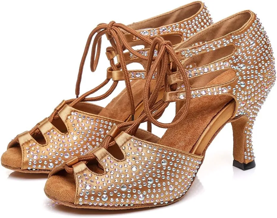 JUODVMP Women's Latin Dance Shoes with Rhinestone Peep Toe Lace Up Ballroom Salsa Tango Practice Performance Dance Shoes,Model YCL452